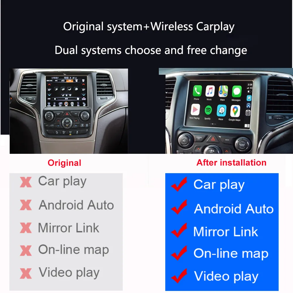 Wireless Apple Carplay For Jeep Cherokee Compass Navigation Radio Car DVD Player Mirror Link Android Auto OEM Screen Upgrade