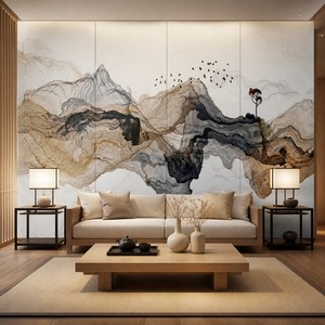 Peinture murale personnalisée en encre de style japonais, paysage zen sur toile, papier peint <span class=keywords><strong>mural</strong></span> pour salon, chambre à coucher, hôtel - Product Image 1