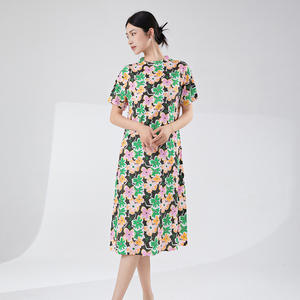 Miyake เดรสคลุมเข่าของผู้หญิงมีจีบพิมพ์ลายดอกไม้2025เอวธรรมชาติเป็นมิตรต่อสิ่งแวดล้อมทรงเอมีสินค้าในสต็อก - Product Image 1