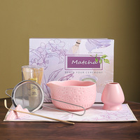 Kits de matcha rose de style japonais écologiques et durables avec logo personnalisé, outils de cérémonie de matcha faits à la main, fouet en bambou, bol en céramique