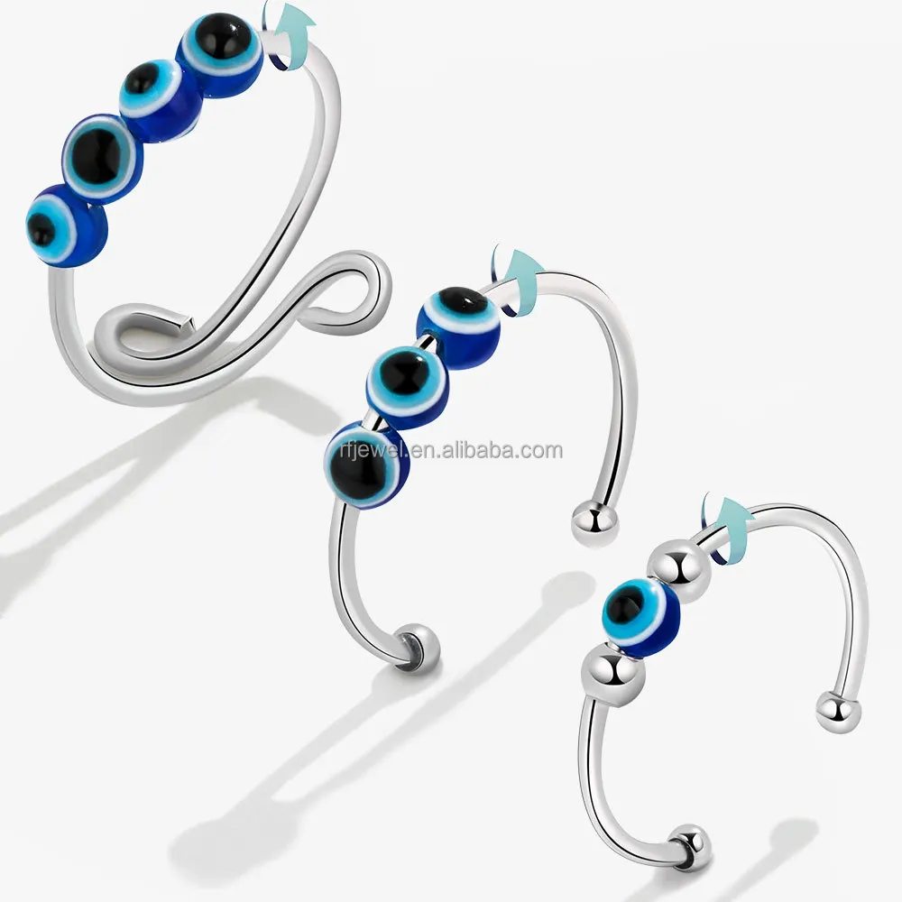 Rfjewelel الموضة الأكثر مبيعًا حلقة قلق العين الزرقاء حلقة دوارة قابلة للتعديل