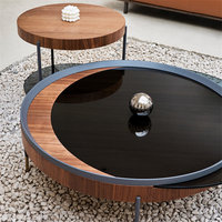 Tables centrales d'extrémité de cercle d'acier inoxydable noir pieds en métal cadre en bois de frêne de chêne ensemble de Table basse en verre rond de luxe de salon