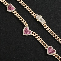 Collar de Cadena Cubana Gruesa con Colgante de Corazón de Circonita Cúbica Rosa para Mujer, Chapado en Oro de 14K, Ideal para Regalo