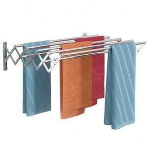 Fold-Away Movable Stainless Steel Wall Mounted Home Bathroom Balcony <b>Laundry</b> Clothes Airer Drying Rack Retractable Hanger Dryer - Product Image 4