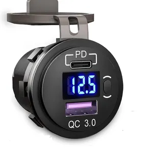 12V PD QC3.0 Fast Charge USB outlet Quick Charge 3.0 Dual USB Car Charger Socket with Voltmeter and ON Off Switch for Cars Truck