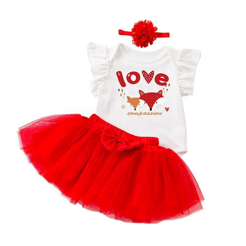 3 طقم أحمر ، رومبير توتو تنورة مكشكشة بأكمام ذبابة ، رومبير عيد الحب ، ملابس أطفال