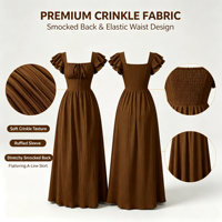 Robe longue plissée à col carré pour femme 2026, manches bouffantes, taille smockée, à nouer devant, élégante robe d'été pour mariage et vacances