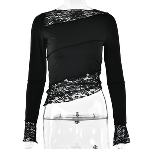 Camiseta de Manga Larga para Mujer, Estilo Patchwork, Color Sólido, Tejido de Ganchillo, Corte Ajustado, Cuello Redondo, Estilo Europeo, Nueva Colección de Primavera - Product Image 5