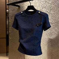 T-shirt unisexe à manches courtes coupe ajustée style bohème design français 2026 été bleu foncé boucle métallique respirant séchage rapide Spandex
