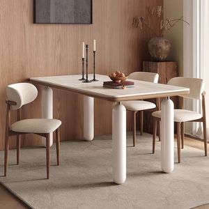 Juego de Mesa y Sillas de Comedor Estilo Nórdico, Madera Sólida con Cubierta de Mármol, Rectangular, Color Crema Moderno, para Hogares Pequeños - Product Image 1