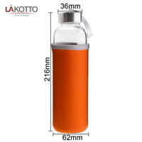 Bouteille d'eau en verre minimaliste LAKOTTO 500 ml avec manchon en silicone pour un usage unisexe, retour à l'école
