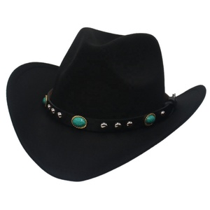 Cross-Border New European American Ethnic Gem Ribbon <b>Western</b> Cowboy <b>Hat</b> Large Brim Solid Color Sun <b>Hat</b> Tibetan Felt Image Casual - Product Image 2