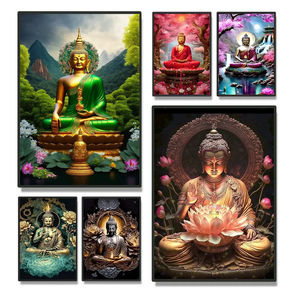 Buda religioso con flores, arte de pared, budismo, escultura de Buda, póster, sala de estar impresiones para, decoración del hogar, pintura con marco