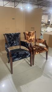 Sillón de Terciopelo Tradicional para Restaurante, Silla de Comedor Acolchada, Estilo Antiguo, Tapicería Azul Oscuro y Marrón - Product Image 2