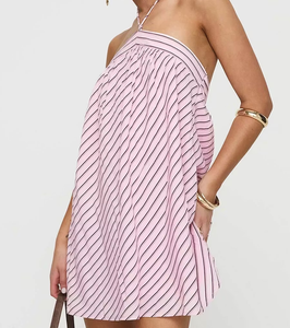 OEM Halter Neck Asymmetric Mini <b>Dress</b> Striped Pink Satin <b>Loose</b> Fit Sleeveless Summer Casual <b>Dress</b> - Product Image 2