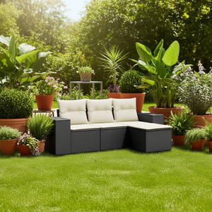 Conjunto de Sofá de Jardín de Ratán Negro con Cojines Crema, Muebles de Exterior de Diseño Contemporáneo, Resistentes al Agua y a los Rayos UV, Ratán PE - Product Image 2