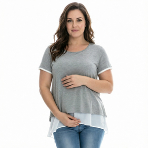 Maglietta Premaman e <span class=keywords><strong>Allattamento</strong></span> a Strati Grigia Taglie Forti, Girocollo a Maniche Corte, Top Pull-Over per Donne <span class=keywords><strong>in</strong></span> <span class=keywords><strong>Gravidanza</strong></span> e <span class=keywords><strong>Allattamento</strong></span> - Product Image 2