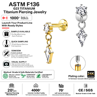 Piercing Labret en Titane de Grade Implantaire G23 ASTM F136, avec Chaîne Pendante et Zircon Cubique Hexagonal en forme de Cerf-volant, Plaqué Or, pour Hélix, Tragus, Conch, Cartilage