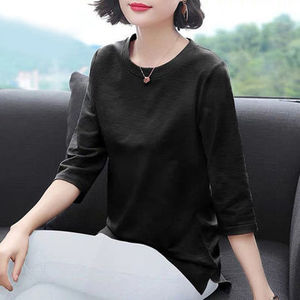 Women's Orange Three-Quarter Sleeve Loose Fit T-Shirt Plus Size Solid Color Casual Top for Middle-Aged Mothers - Product Image 3