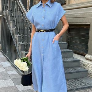 <span class=keywords><strong>Abito</strong></span> Lungo Enyami in Cotone e <span class=keywords><strong>Lino</strong></span> Blu Kaki a Vita Alta con Tasche per Donna Primavera Estate Autunno - Product Image 3