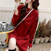 Nouvelle Robe Pull Tricotée Rouge Midi Ample à Manches Longues et Nœud Épaules Dénudées pour Femme, Collection Automne Hiver 2026, Vente en Gros, Spécial Noël et Nouvel An