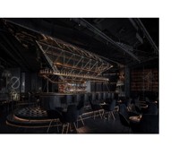 Concept d'intérieur de bar-restaurant 3D, plan de conception de comptoir de bar industriel pour boîte de nuit, ensemble moderne de table et de chaises pour bar