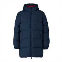 Veste d'hiver unisexe en duvet bleu marine à capuche longue avec poches zippées, vente en gros OEM, sur mesure