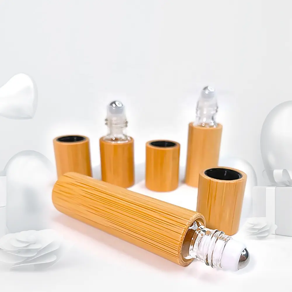 OEM Customizable 10ML Empty Oil Roller Perfume Bottle Stainless Steel Ball Aromatherapy with Bamboo Wood/Glass Design