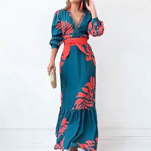 Nouvelle mode printemps européenne et américaine, robe élégante à col en V, imprimée, avec laçage à la taille - Product Image 1