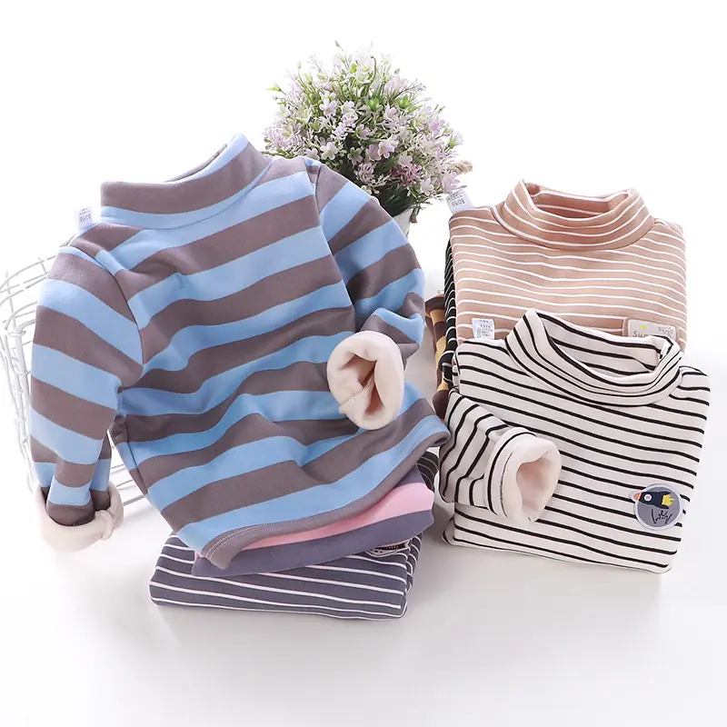 Striped Kids Tops Baby T-shirt High Neck Turtleneck Pullover Winter Children Clothing Boys Girls Warm Long Sleeve Tees
