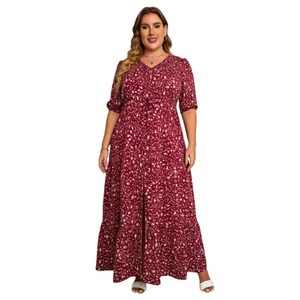 Vestidos de Mujer Talla Grande SQ0217, Estilo Bohemia de Verano, Sexy, Cuello en V, Estampado Floral, Casual, Maxi, con Abertura - Product Image 3
