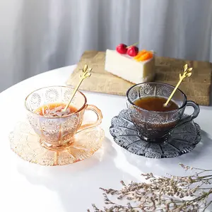 Hot Selling Vintage Coffee Glass Cup Relief Glass Tea Cup and Saucer Set