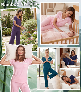 Liquidación de Stock: Conjunto de Pijama de Fibra de Bambú para Mujer, Manga Corta, Cuello en V, Ropa de Dormir Suave, Disponible en Stock, Ropa Casual para Estar en Casa - Product Image 3