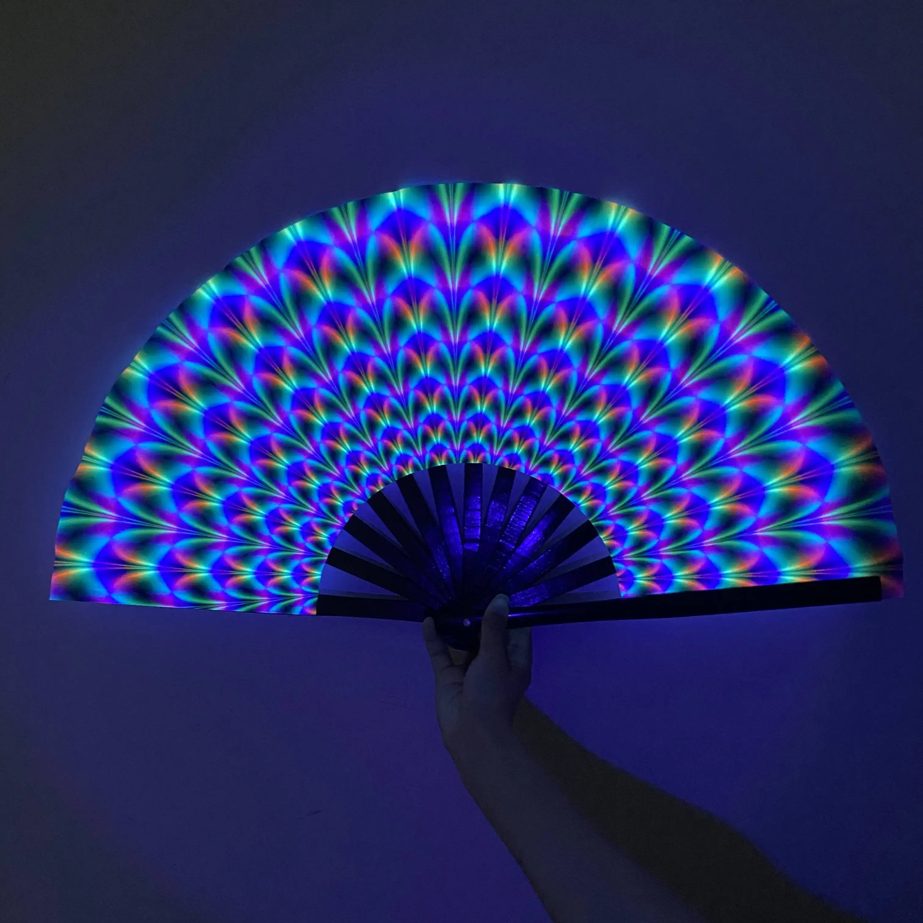 Grand ventilateur à main pliable Rave avec sac en tissu, ventilateur UV holographique coloré pour hommes femmes, côtes en bambou décoratives Acc
