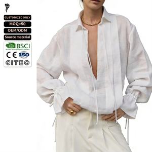 Nuevas Blusas Casuales de Lino Transpirables para Mujer, Camisas Holgadas de Manga Larga con Diseño de Solapa y Estilo Linterna - Product Image 1