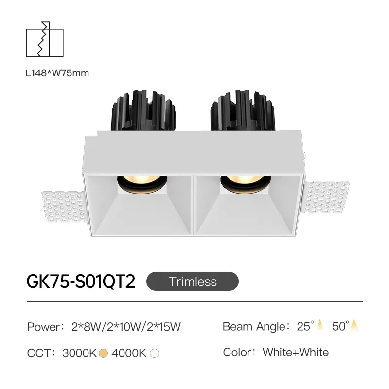 XRZLuxダブルヘッドスクエア埋め込み式LEDスポットライト16W20W30W調整可能なトリムレスLEDCOBダウンライトホームホテルシーリングライト