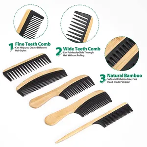 Set sisir rambut lurus bambu kayu kecantikan antistatis, set sisir rambut logo kustom isi 5 buah