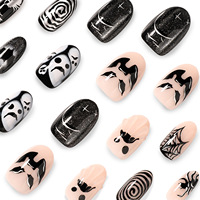 Uñas Postizas de PMMA con Diseño de Telaraña de Araña y Murciélago de Halloween, Estilo Francés en Espiral, Forma de Almendra, Color Negro y Blanco, Personalizables, para las Fiestas