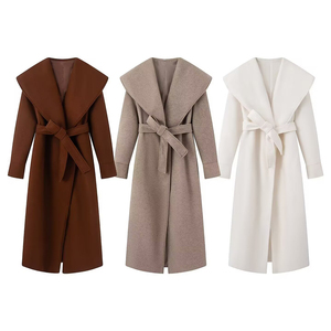 Abrigo largo de invierno para mujer, personalizado 2026, de mezcla de lana, con cuello chal oversize, doble botonadura y cinturón con lazo en la cintura, de fábrica OEM - Product Image 1