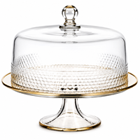 Présentoir à gâteau en verre jetable haut de gamme avec couvercle en dôme, plateau de présentation sur piédestal, bord doré, élégant pour desserts de mariage et usage domestique