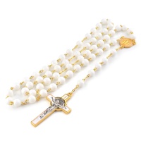 Chapelet Doré Perles en Verre Blanc 8mm Saint Benoît, Rosaires Catholiques, Collier Croix
