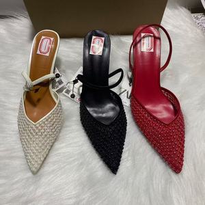 2026 Summer Fashionable Red Mesh Beads High Heels Korean Style Pointed Toe <b>Half</b>-<b>Slip</b> <b>Slip</b>-On Versatile Outdoor Height Increasing - Product Image 1