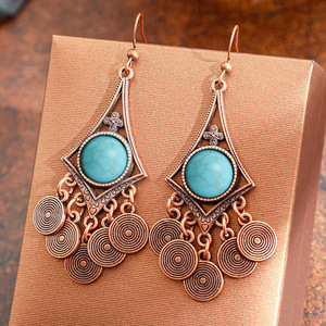 Bohemian Copper Alloy Drop <b>Earrings</b> Geometric <b>Red</b> Stone Bezel Setting Women's Fashion Dangle <b>Earrings</b> - Product Image 4