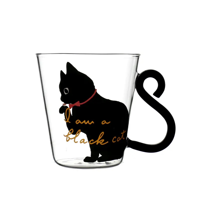 Heat resistant handblown cat water drinking glass cup with handle