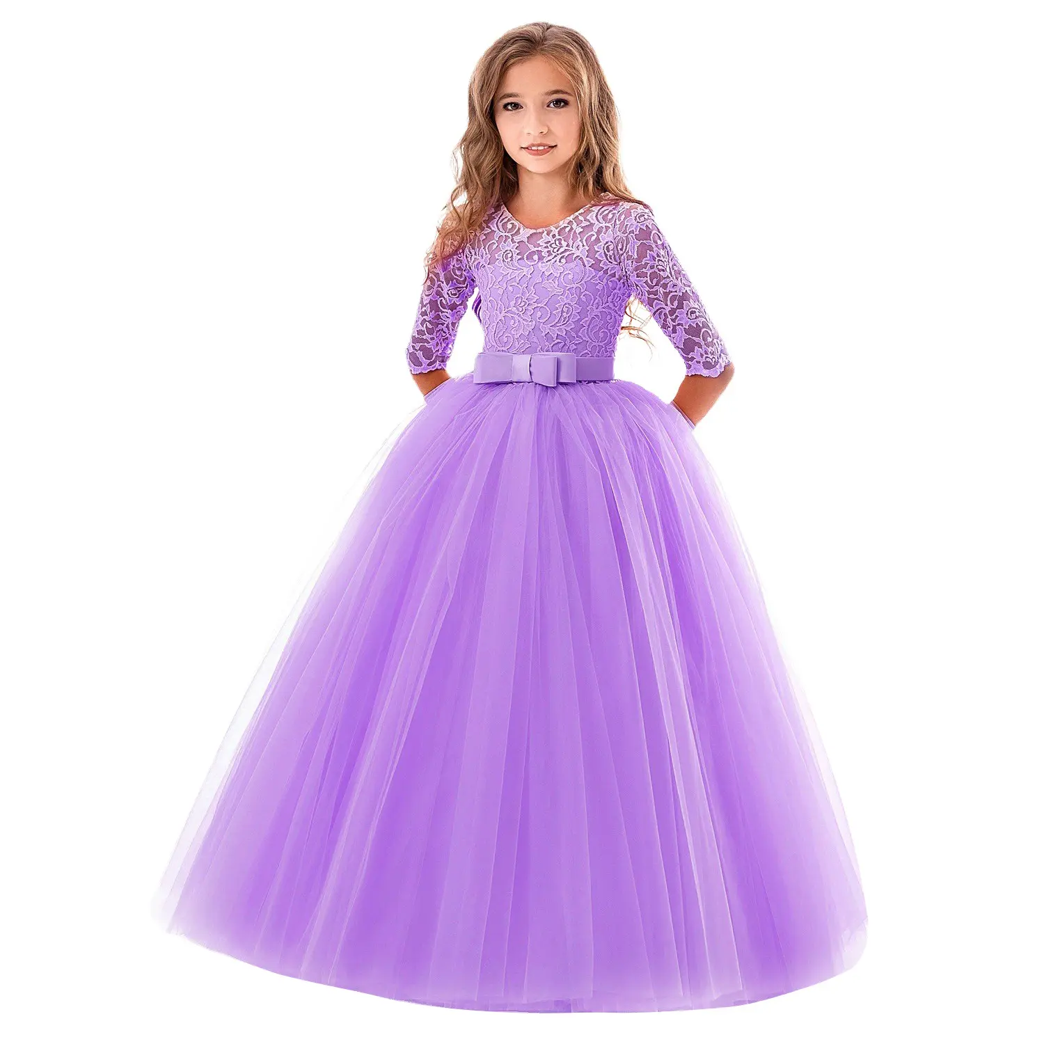 Hot Sale Lace Mesh Dress Girls Puffy Dresses Kids Princess Wedding Dress