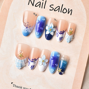 10 <span class=keywords><strong>faux</strong></span> <span class=keywords><strong>ongles</strong></span> à presser, bleu océan, motif fleur 3D, forme amande longue, coquillage et étoile de mer, <span class=keywords><strong>d</strong></span>égradé brillant, pour manucure estivale - Product Image 5