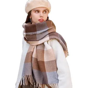 卸売レディガールズカラーマッチングチェッカーパターン冬暖かいスカーフファッション厚いクリンクルクランプル冬タッセルスカーフ