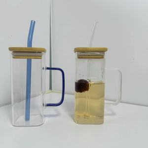 2024 bán chạy nhất hình vuông cao Borosilicate Glass cup 400ml Glass <span class=keywords><strong>Mug</strong></span> với màu xử lý và nắp nhựa - Product Image 4