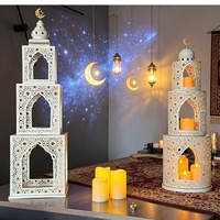 Ensemble de 3 lanternes de mosquée empilables, porte-bougie islamique blanc avec croissant de lune, décoration de centre de table pour le Ramadan