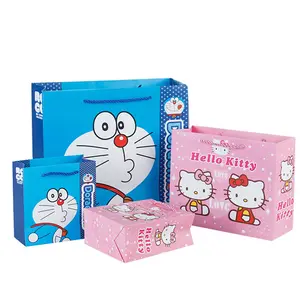 Sevimli Hello Kitty kağıt torba sevimli karikatürlü kese kağıdı çocuklar için öğrenci kağıt alışveriş torbası kolu ile
